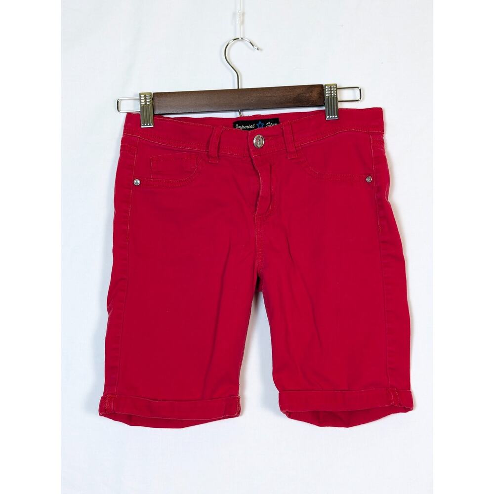 Red Cuffed Bermuda Knee-Length Shorts Rhinestone Button Accepts Girls Size 14